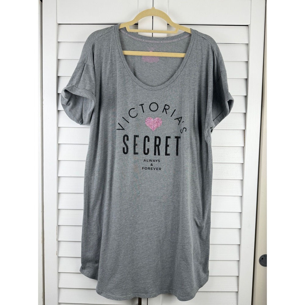 Victoria's Secret Sleep Shirt XL Gray Glitter Heart Always & Forever